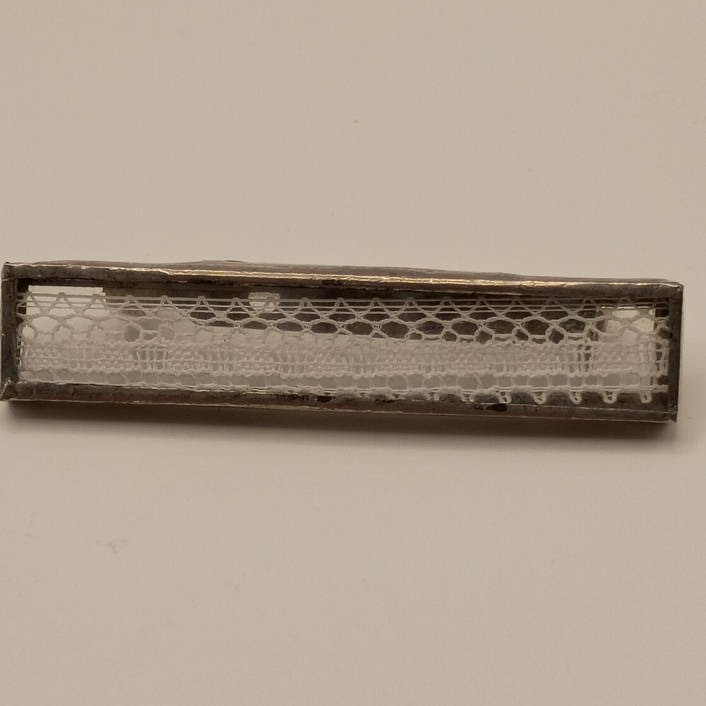 Vintage Edwardian White Lace Bar Brooch Glass Rectangle Silver Tone