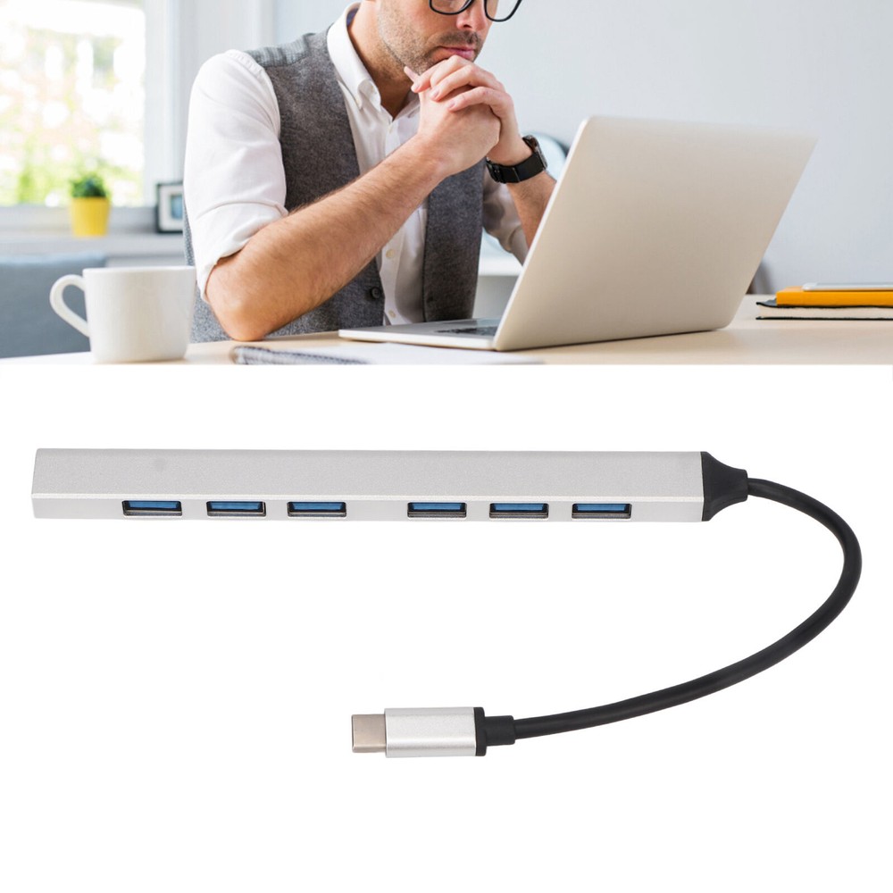 7-in-1 USB C Hub with 7xUSB 3.0 Ports - Plug & Play Multiport Adapter in Silver