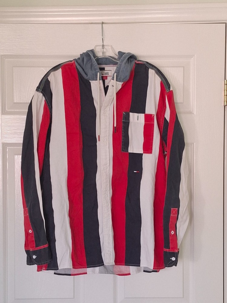 Tommy Hilfiger Long Sleeve Button Up Hoodie, Men's Medium, Red, White and Blue