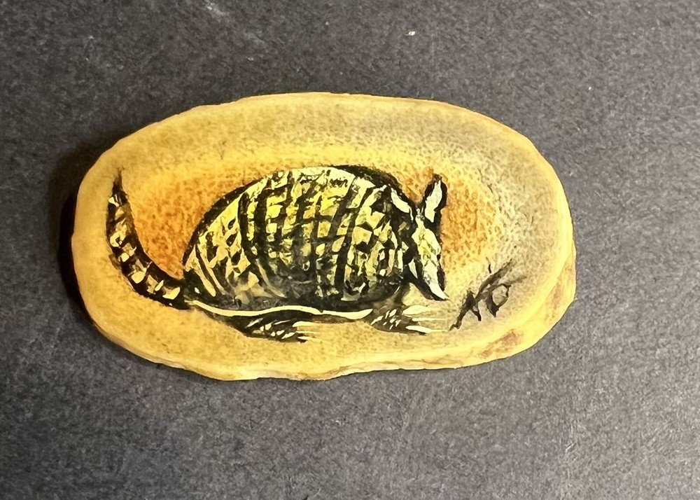 Vintage Miniature Hand Painted Armadillo On A Piece Of Bone? Signed