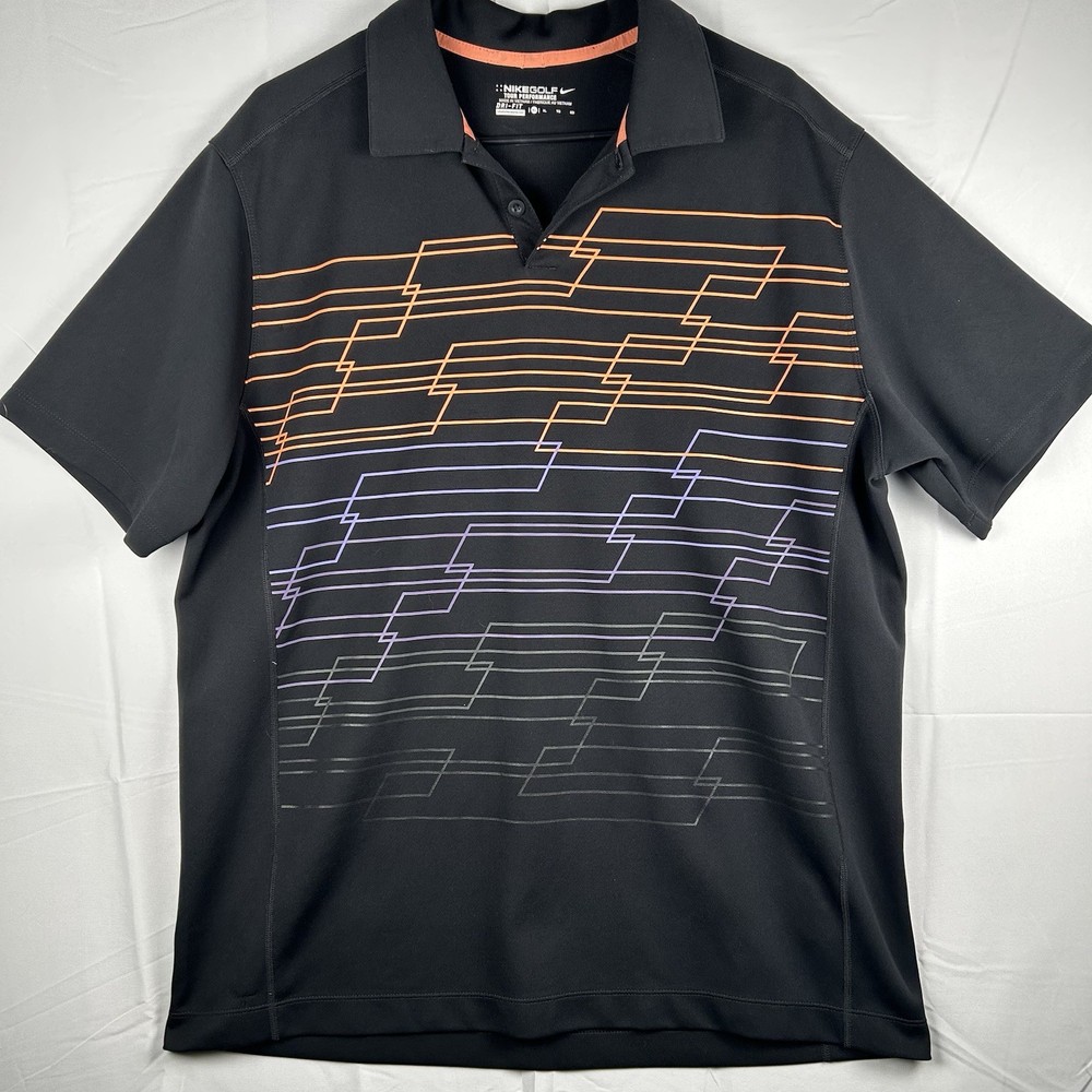 Nike Golf Dri-Fit Polo Men’s XXL 2XL Black Orange Striped Stretch Short Sleeve