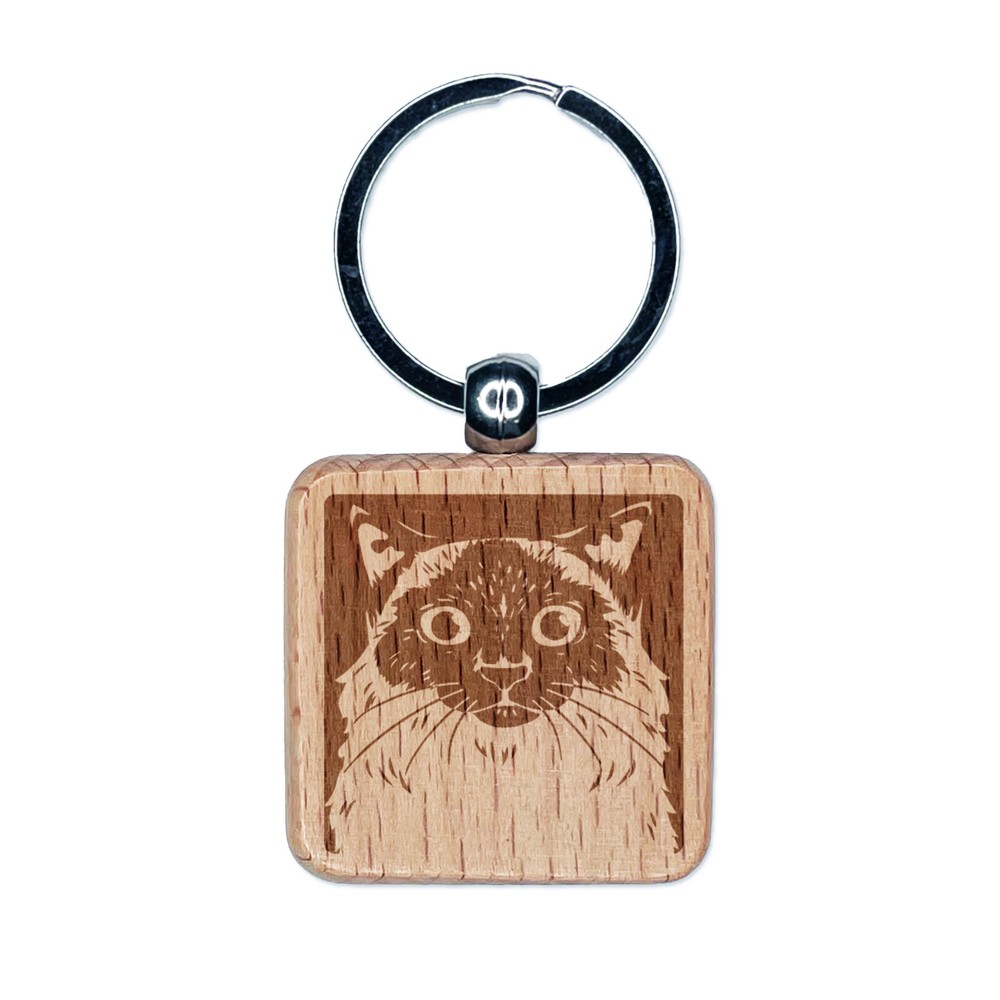 Pretty Siamese Cat Engraved Wood Square Keychain Tag Charm