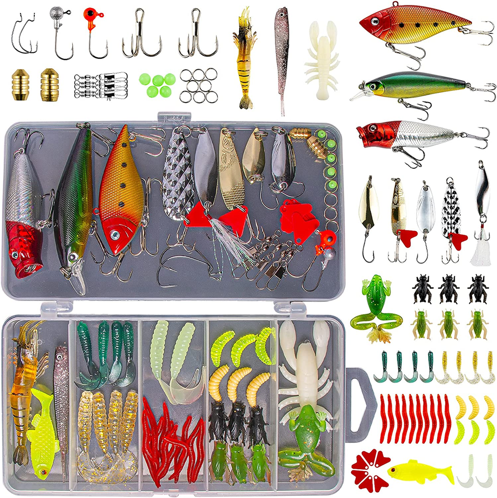78 Fishing Lures Kit Bait Bass Trout Spoons Plastic Worms Crankbait Jigs Hooks