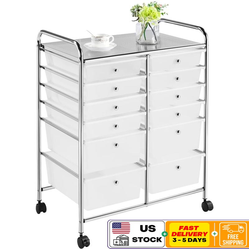 12 Vertically Drawer Separate Removed Rolling Storage Cart Lockable Wheels White