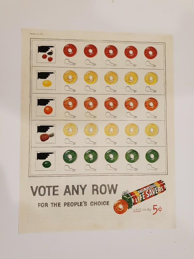 Original Vintage 1956 Lifesavers Five Flavors Vote Any Row Election ad