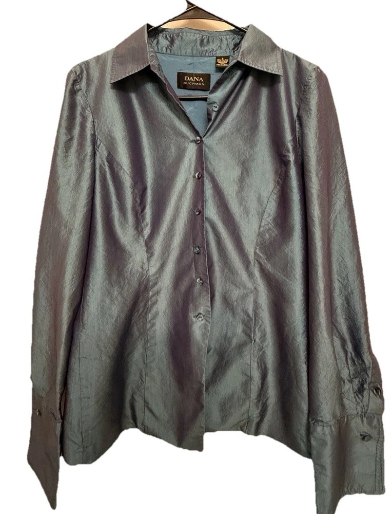 Dana Buchman 100% Silk Blue Button-Up Blouse Collared Long Sleeve Size 6