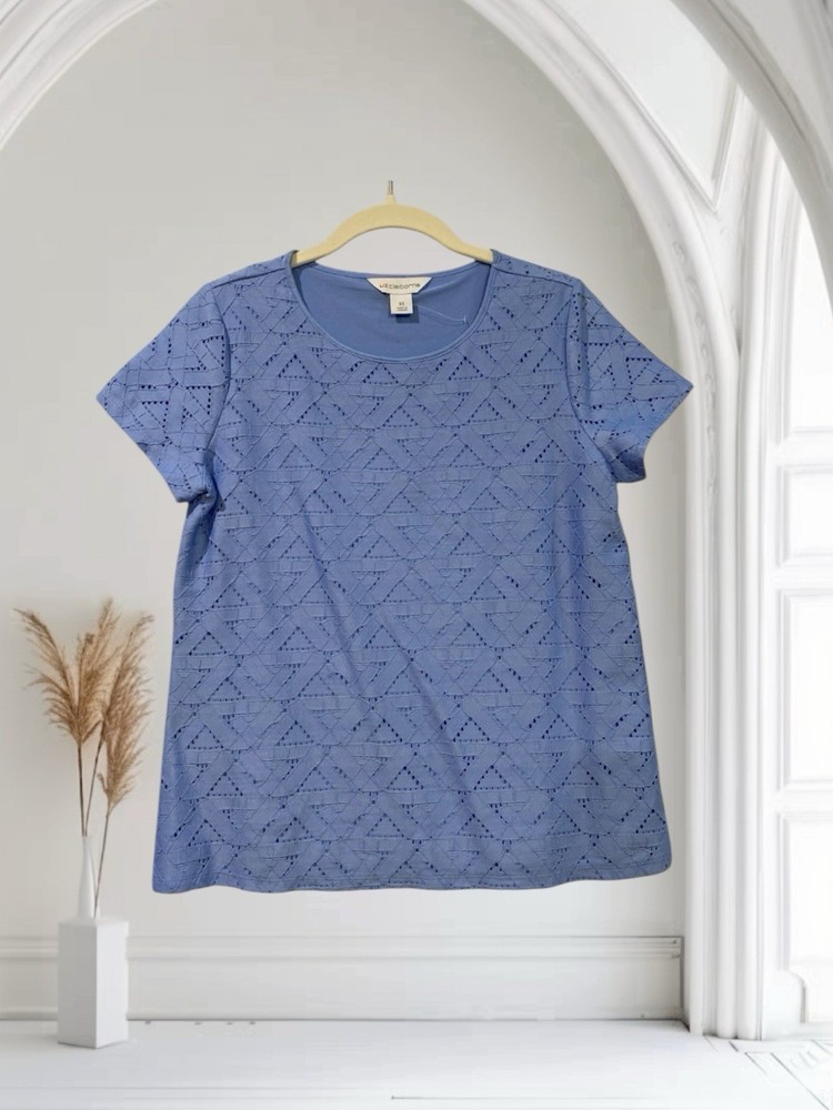 Liz Claiborne Womens Blue Embroidered Short Sleeve Top Size XS Stretch