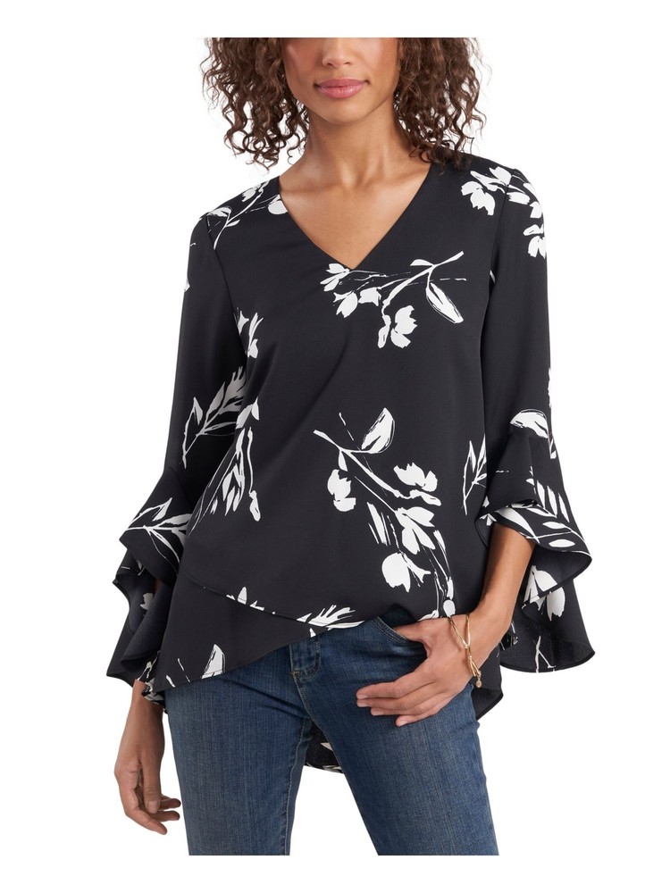 VINCE CAMUTO Womens Black Flutter Sleeve V-Neck Blouse XS Round Hem Overlap Design
