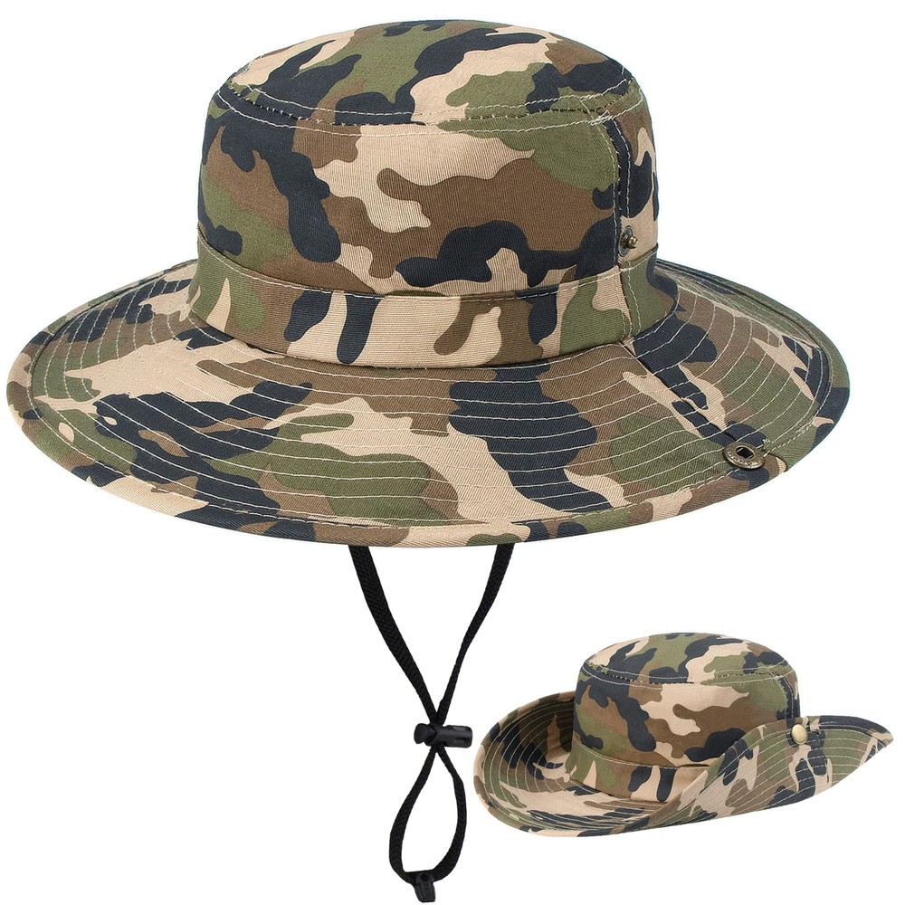 Boys Camouflage Bucket Hat Army-Green Sun Protection Fishing Hat Wide Brim Bo...