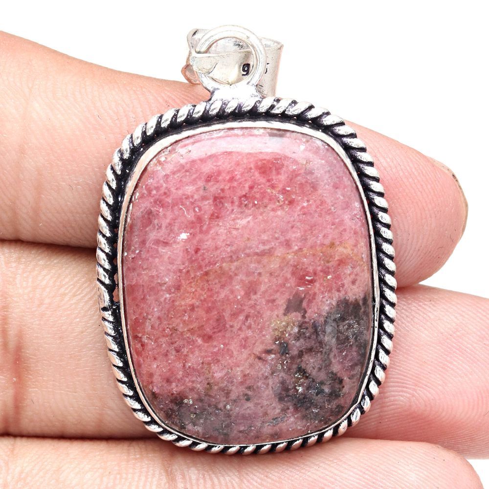 Rhodonite Gemstone Pendant Handmade Silver Jewelry for Mother's Day Gift 2 Inch