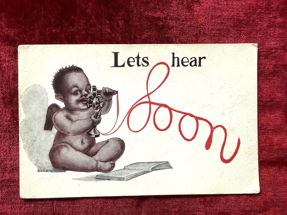 Antique 1910s FA Moss Valentine Black Cupid angel on telephone postcard used