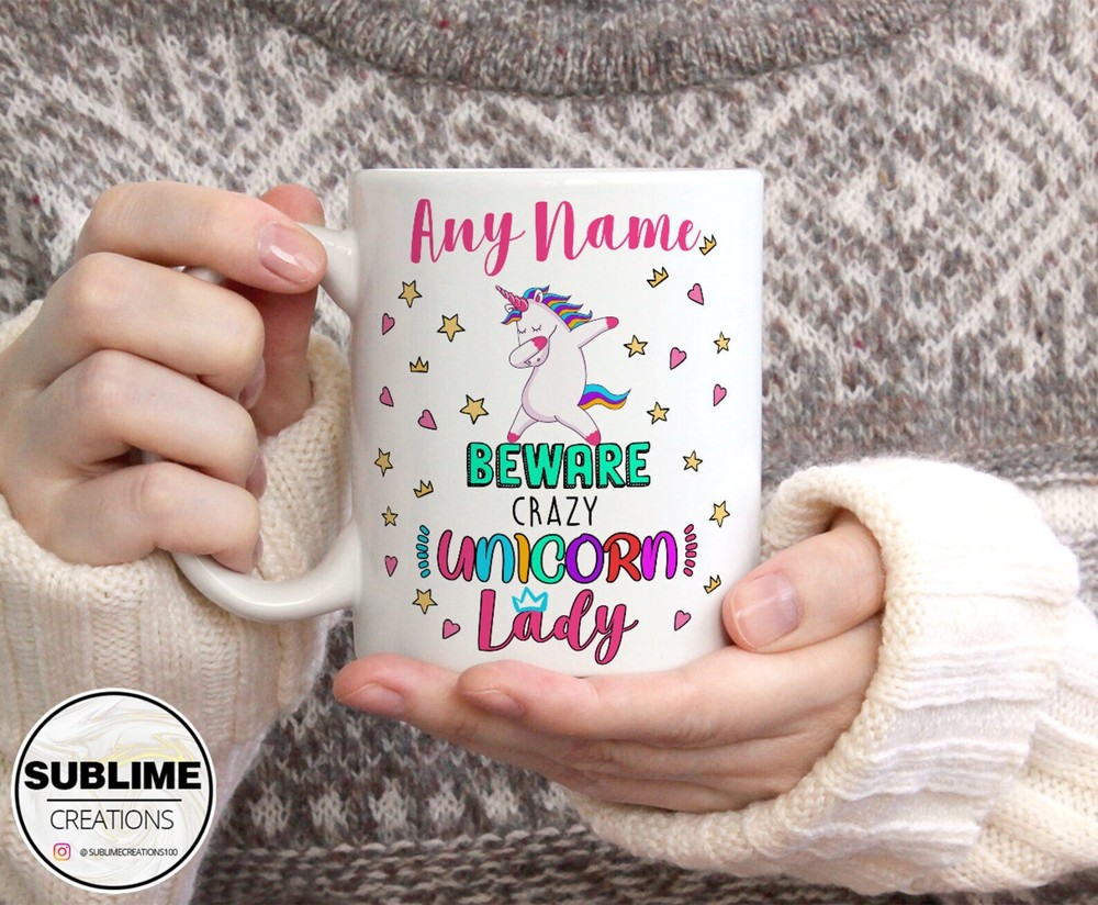 Personalised Beware Crazy Unicorn Lady Custom Name Mug Funny Coffee Tea Hot