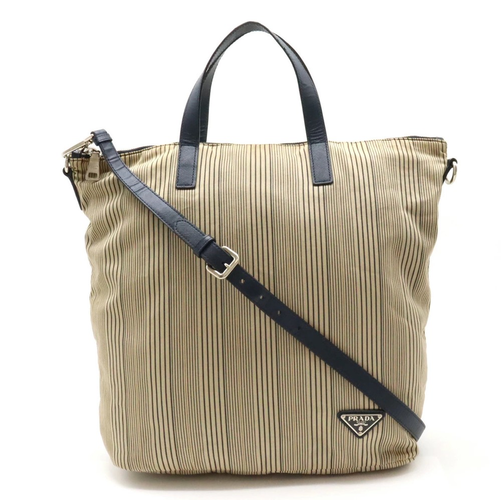 RARE PRADA Stripe Canvas Leather Tote Bag 2WAY Shoulder Bag Beige