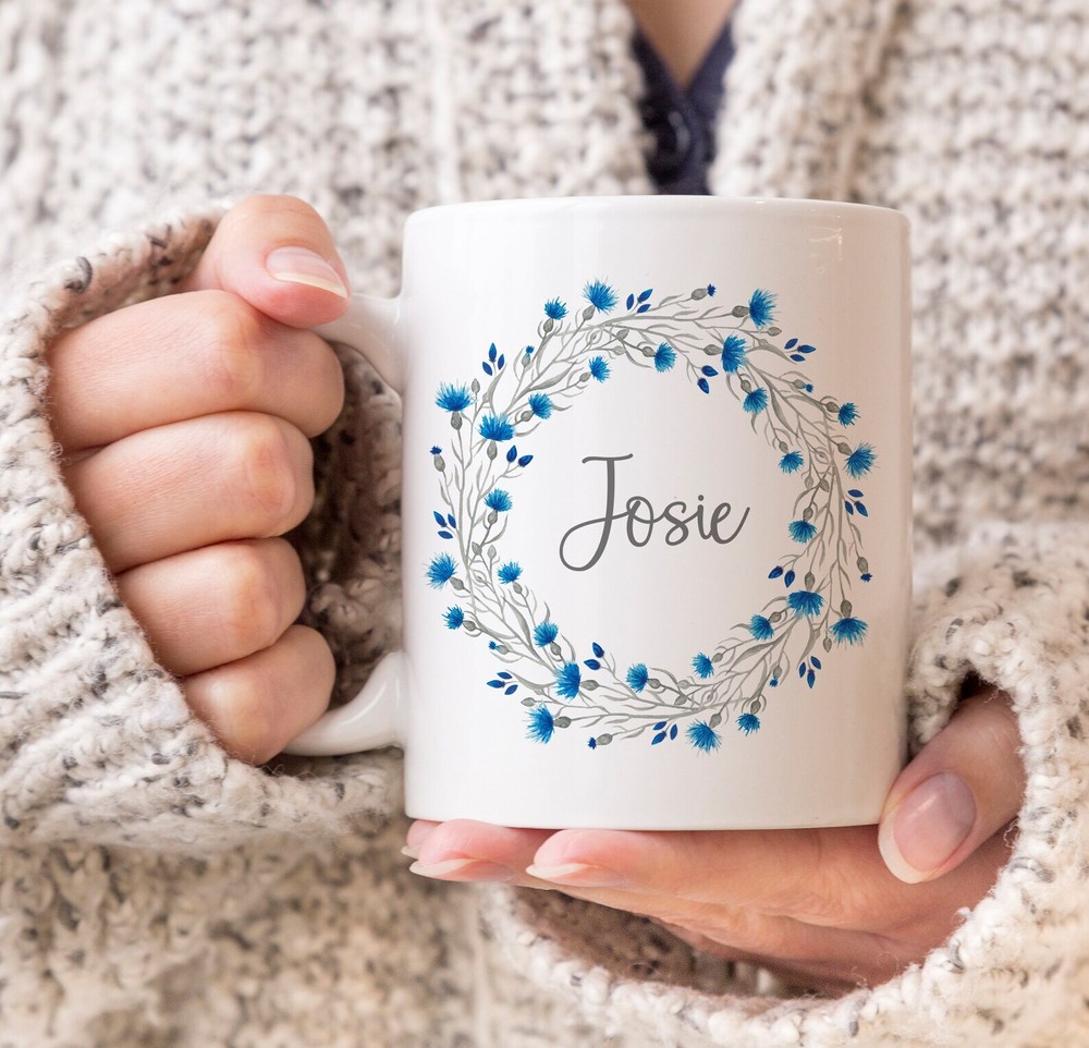 Personalized Blue Flower Name Mug Coffee Mug Floral Design Gift For Her Mother's