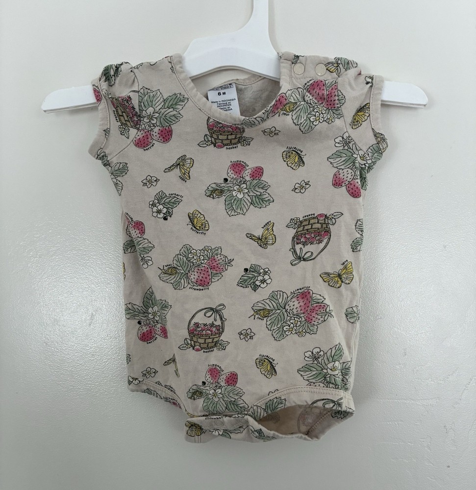 Carhartt Baby Girls Floral Strawberry 100% Cotton Short Sleeve Bodysuit Beige 6M