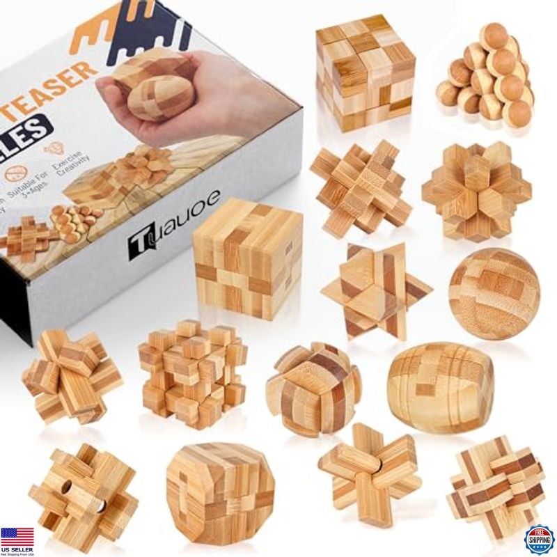 15-Piece Wooden 3D Brain Teaser Puzzle Set – Engaging Logic Games for All Ages