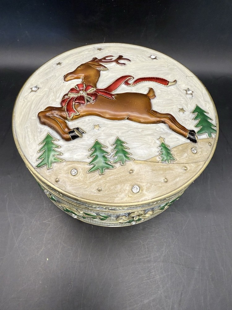 Rue Moliere REINDEER Enameled Keepsake Jewelry Hinged Mirrored Box Round Lid
