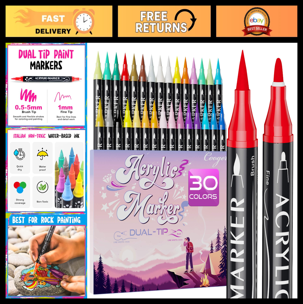 30 Colors Dual Tip Acrylic Paint Markers - Fine & Brush Tips for Rock, Canvas, W
