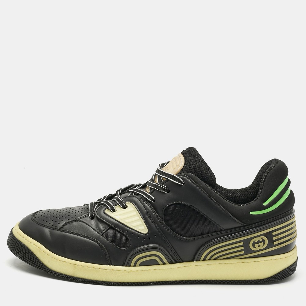 Gucci Black Green Leather Nylon Basket Low Top Sneakers Size 46.5