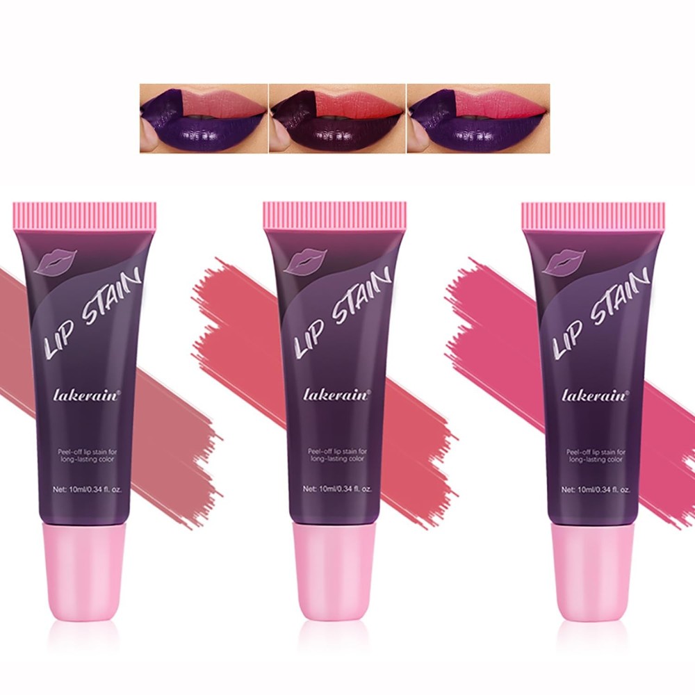 3-color peel-off lip stain set with detachable liner for long-lasting wear