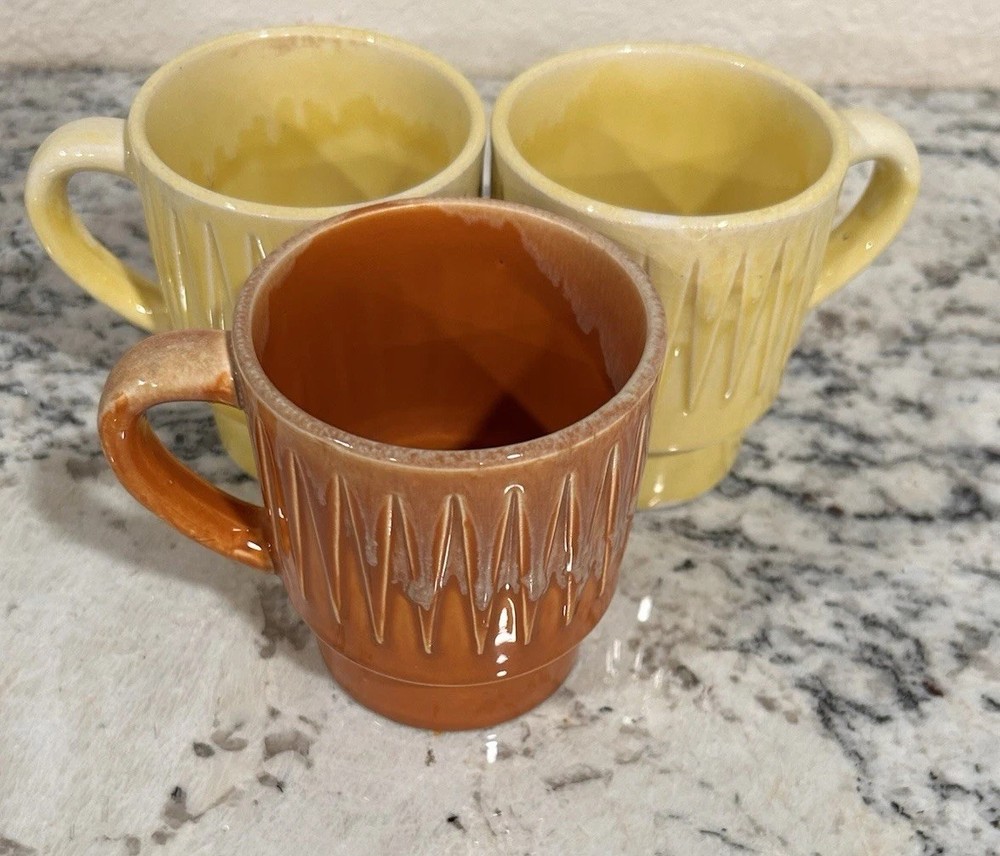 1970’s Vintage Made In Japan Brown Yellow stacking mug, drip glaze coffee cup.