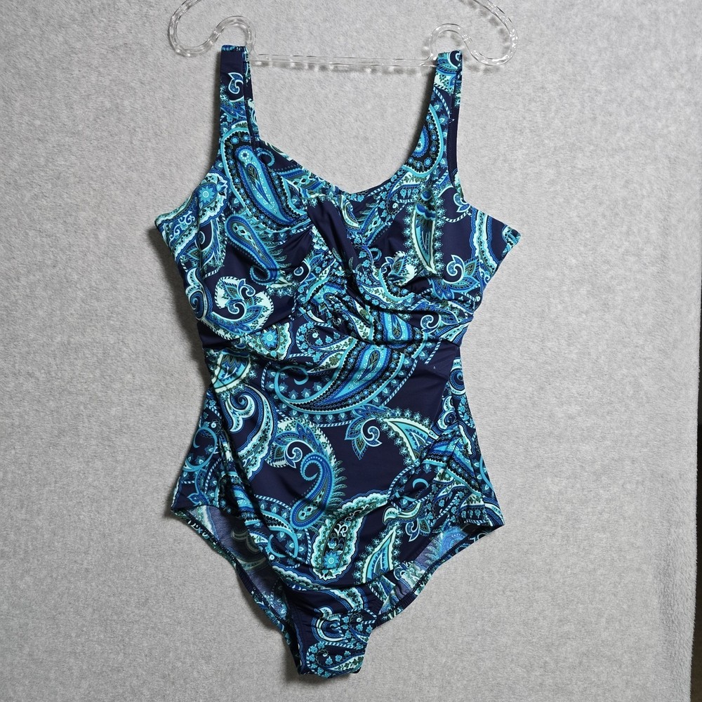 Lands End Women's 14DD Slender Carmela Blue Paisley One Piece Swimsuit Resort
