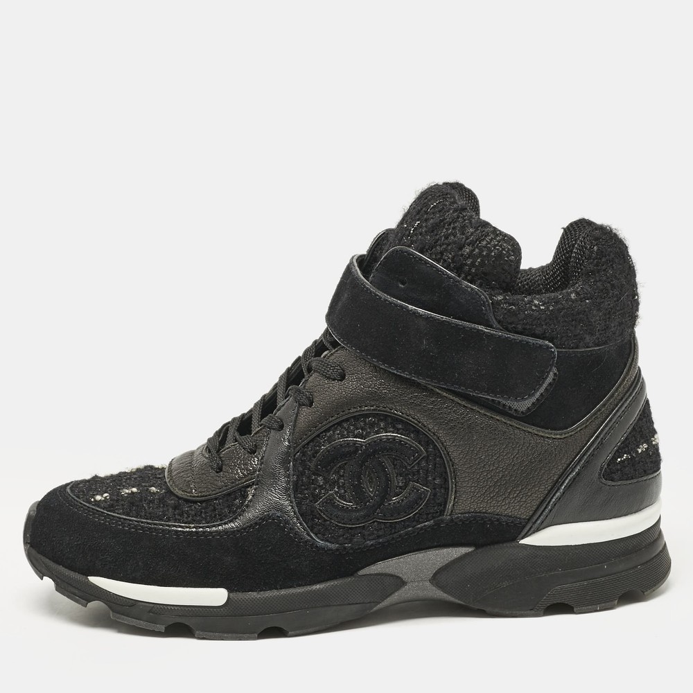 Chanel Black Tweed, Suede and Leather CC High Top Sneakers Size 38