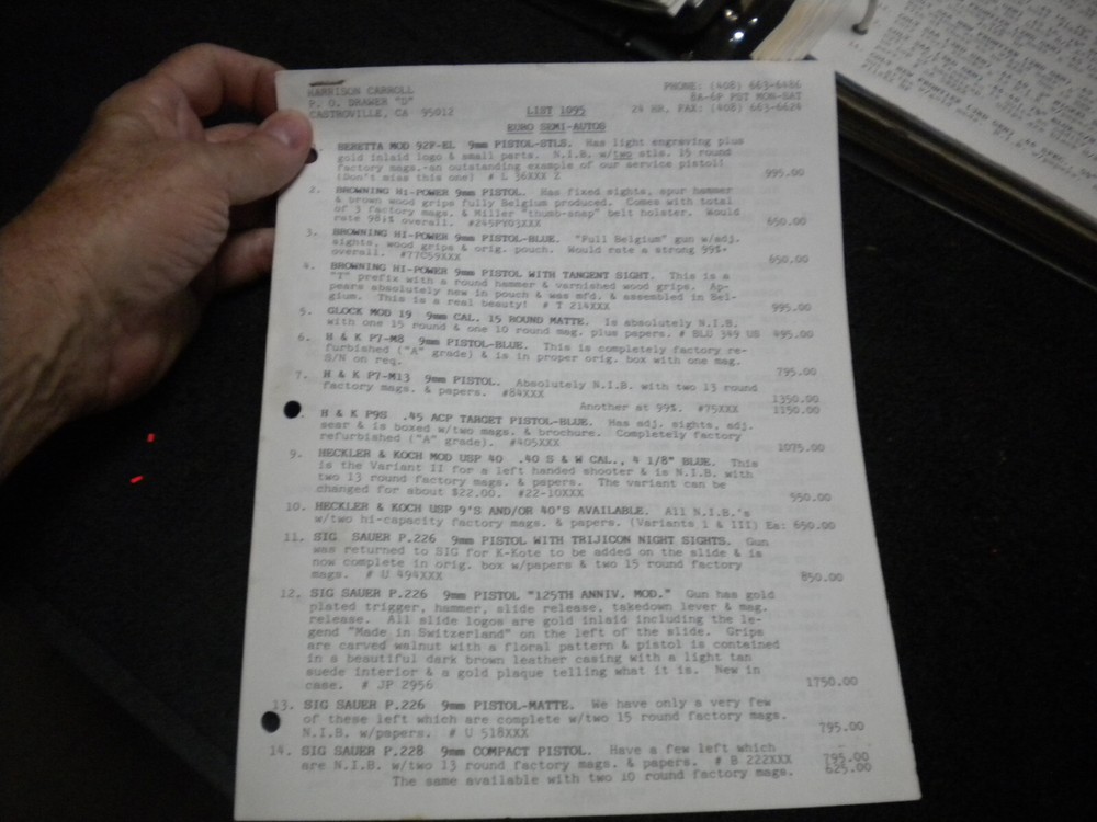 Harrison Carroll List 1095   Colt SAAs, euro pistols , S&W, Price List