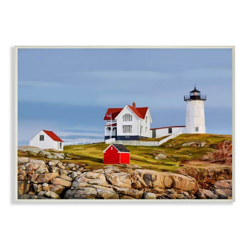 Stupell Lighthouse On Hill Green Red Coastal Painting Wood Green 10 x 15