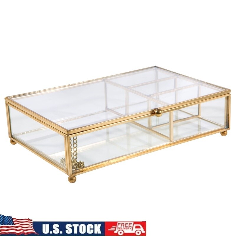 Vintage 4-Section Glass Jewelry Organizer Box for Vanity Decor Unisex