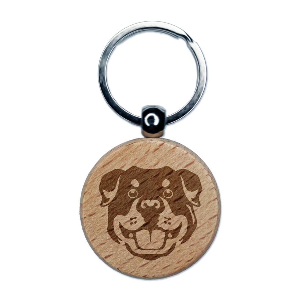 Rottweiler Head Dog Pet Engraved Wood Round Keychain Tag Charm