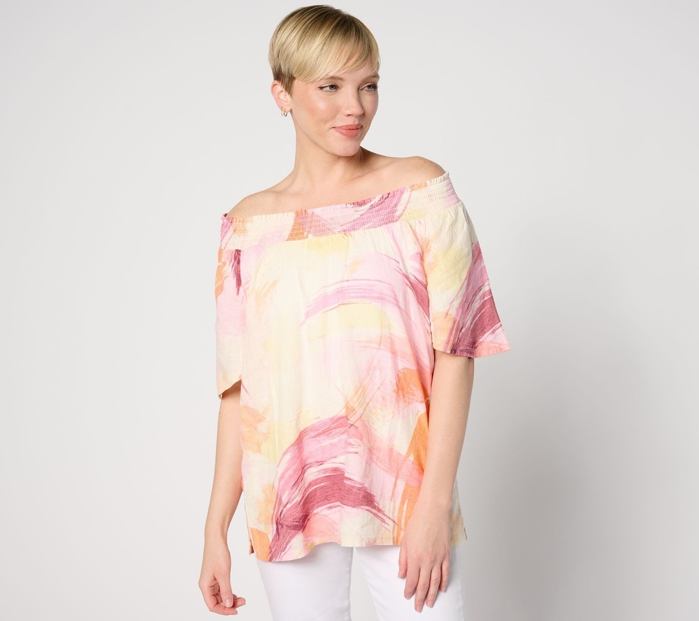Denim & Co. Women's Top Sz M Naturals Linen Blend Flutter Sleeve Pink A644117