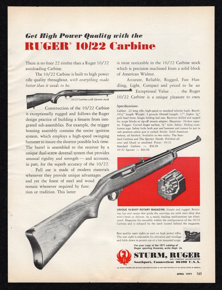 1971 Sturm Ruger High Power Quality Carbine Autoloading 10-Shot Rotary Print Ad