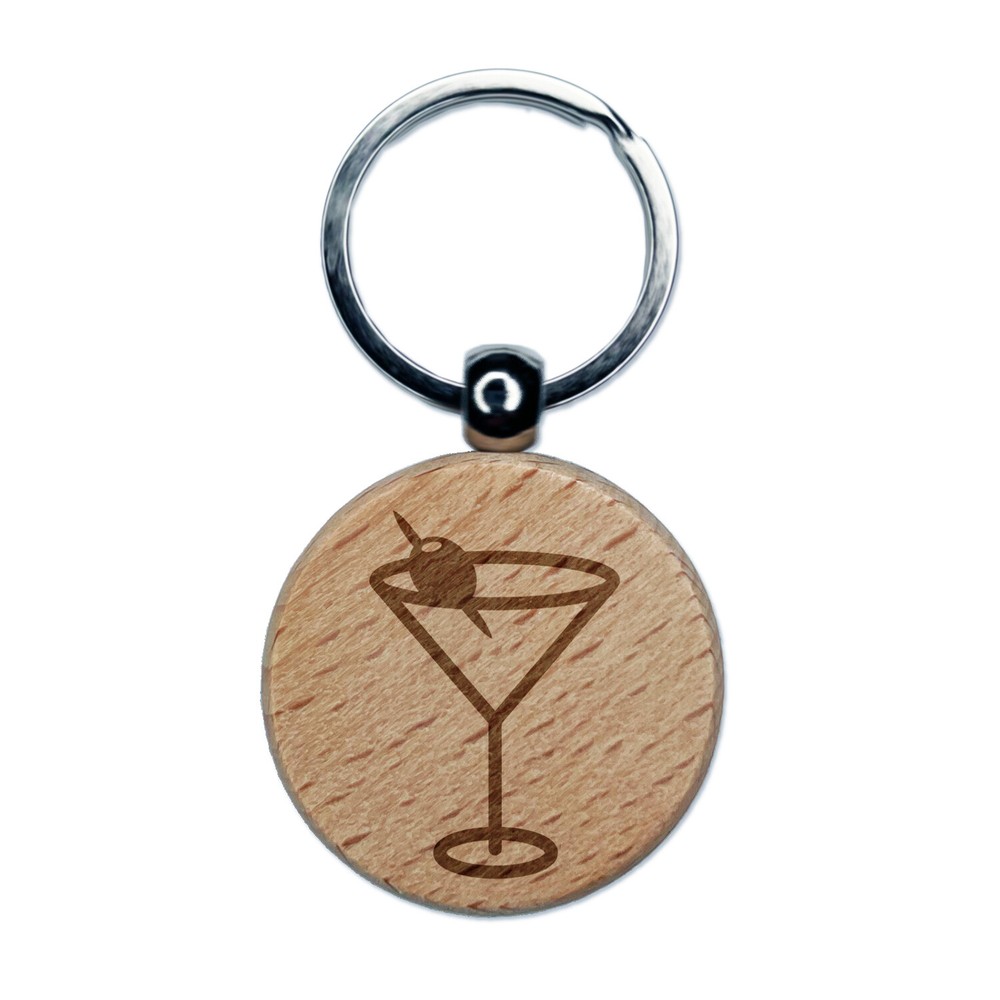 Martini Cocktail with Olive Engraved Wood Round Keychain Tag Charm