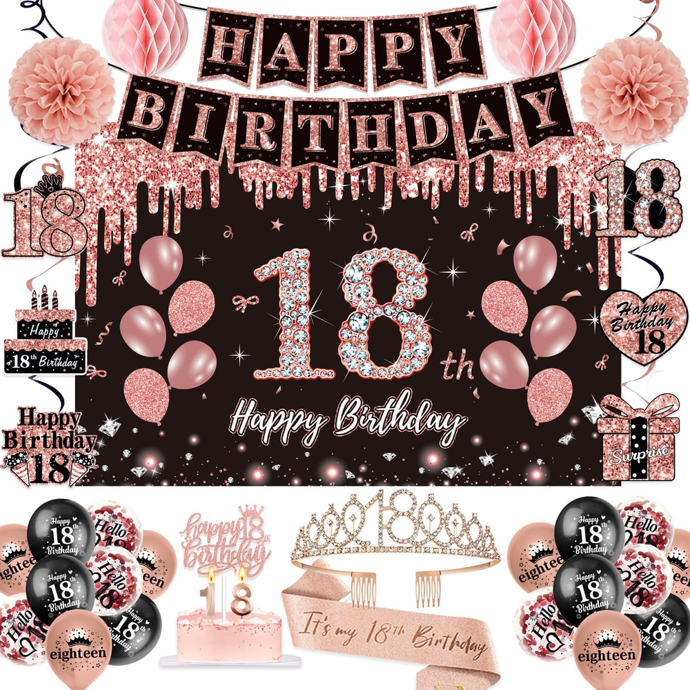 18Th Birthday Decorations for Girls,52Pcs PRE-STRUNG Rose Gold Black Party Set-1