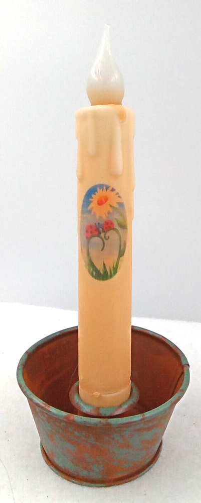 LED Taper Candle Holder with Flower Ladybug Design in Rustic Green Metal Tub 7 Inch Battery Operated