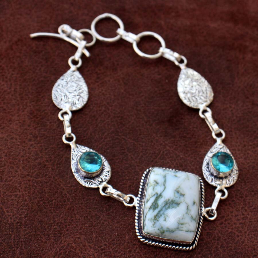 Elegant 925 Silver Tree Agate Blue Topaz Bracelet Size 7.5 JW Jewelry