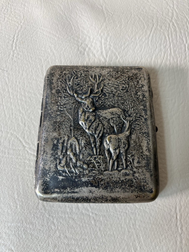 USSR Antique Silver Plated Brass Cigarette Case With Deer Image