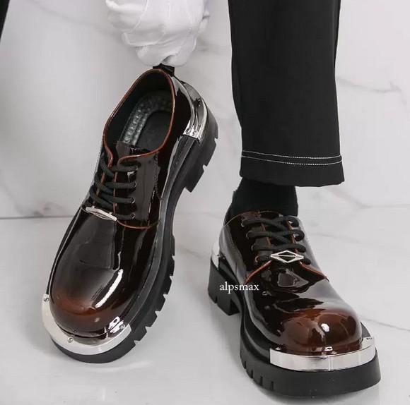 Men's Shiny Leather Thick Sole Metal Big Round Toe Derby Leather Platform Shoes