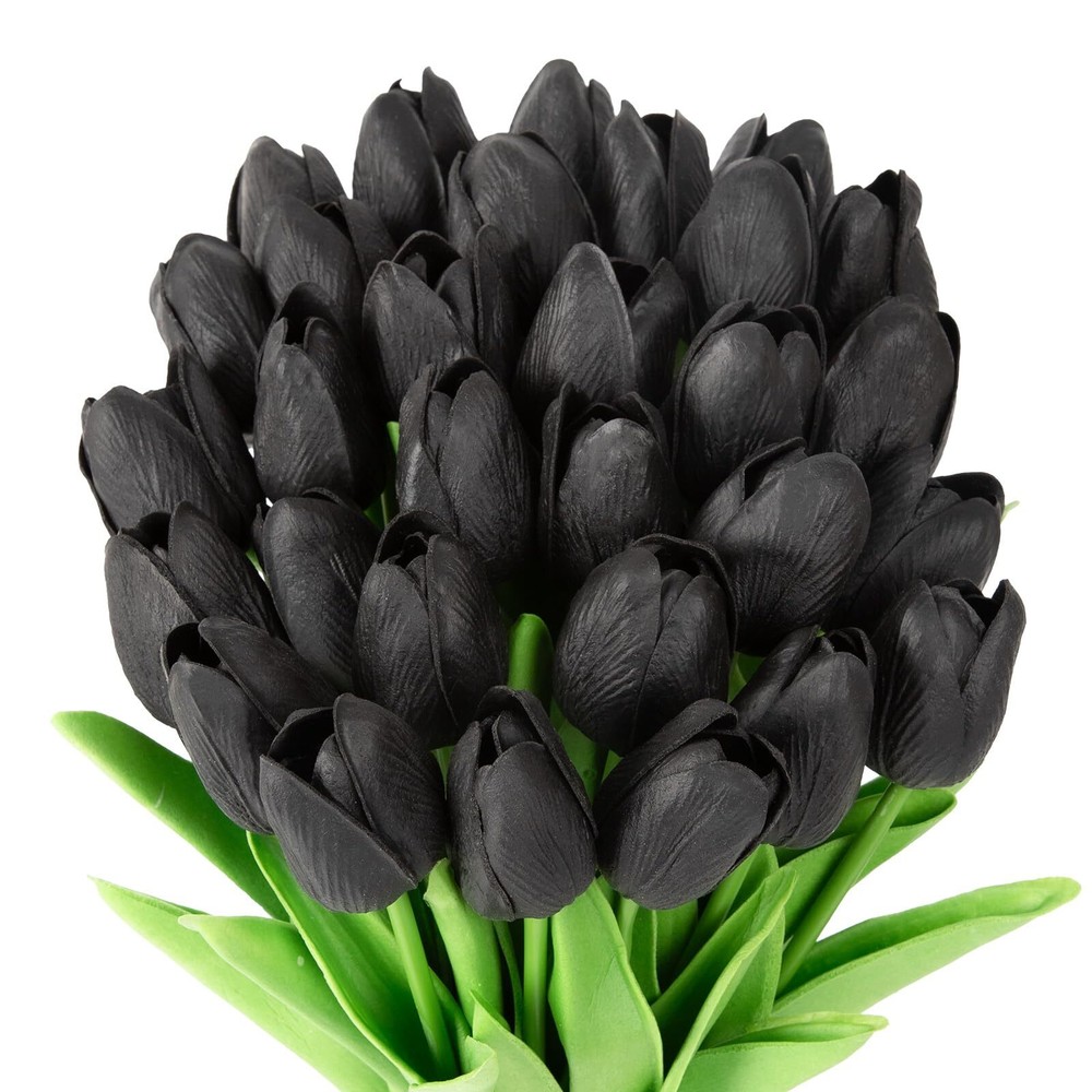 30PCS Black Artificial Flowers, Real Touch Fake Tulips, Black Tulip Flowers f...