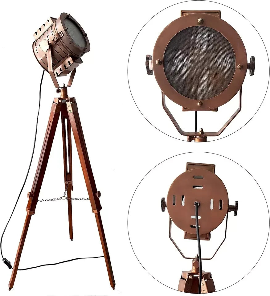 Vintage Handmade Antique Copper Nautical Searchlight Spotlight Lamp with Tripod Stand