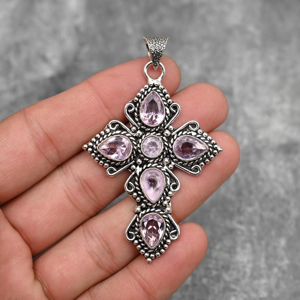 Pink Kunzite Sterling Silver Holy Cross Pendant - March Birthstone Jewelry & Love Gift