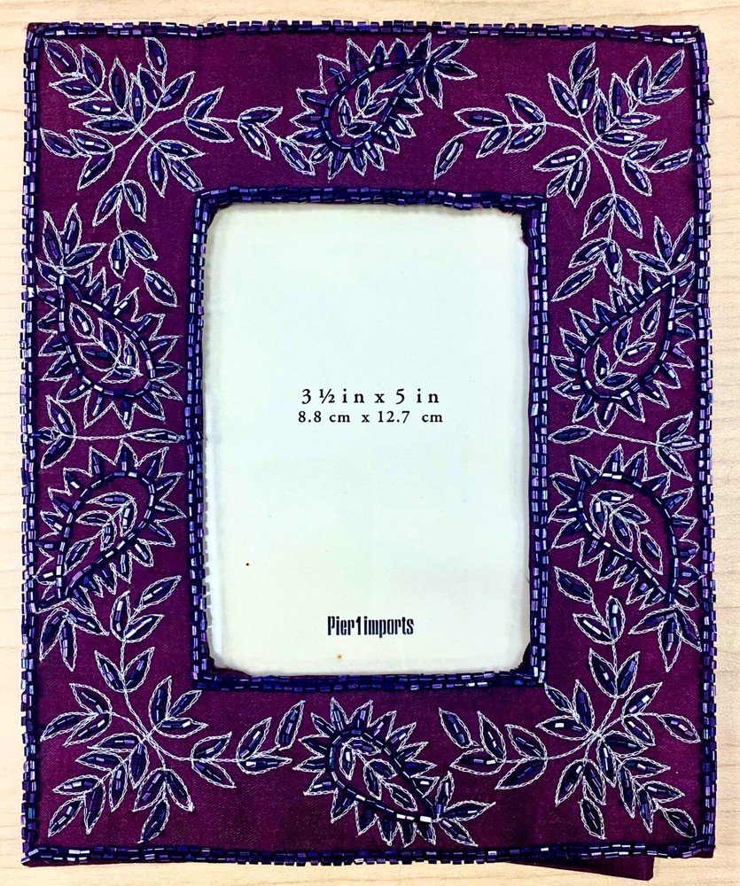 Pier One Imports Eggplant Purple Fabric Floral Beaded 3.5x5 Photo Frame