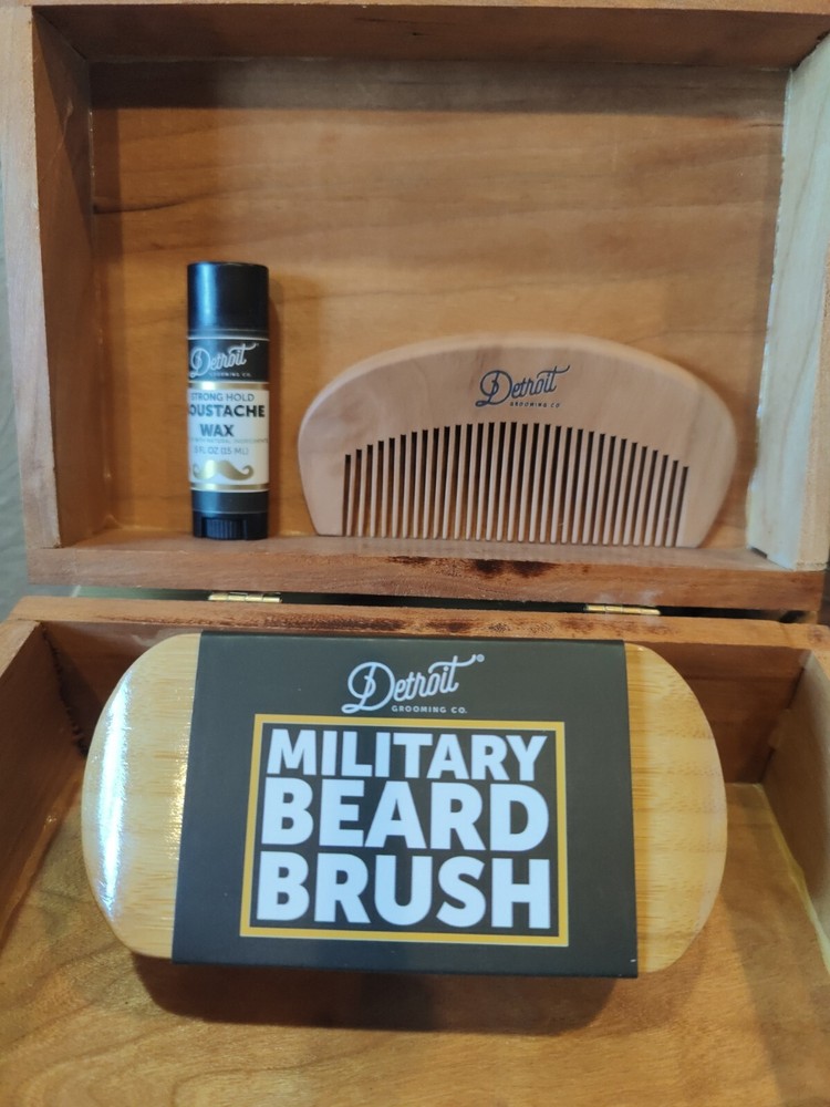 Detroit Grooming Co. Men's Gift Set: Beard Brush, Comb, moustache wax & Wood Box