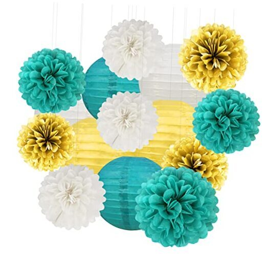 Party Decorations – 15Pcs Tissue Paper Flowers Pom Poms Paper White Gold Teal