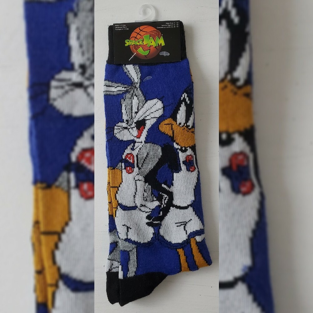Space Jam Crew Socks for Men Size 6-12 Blue Bugs Bunny Daffy Duck Logo