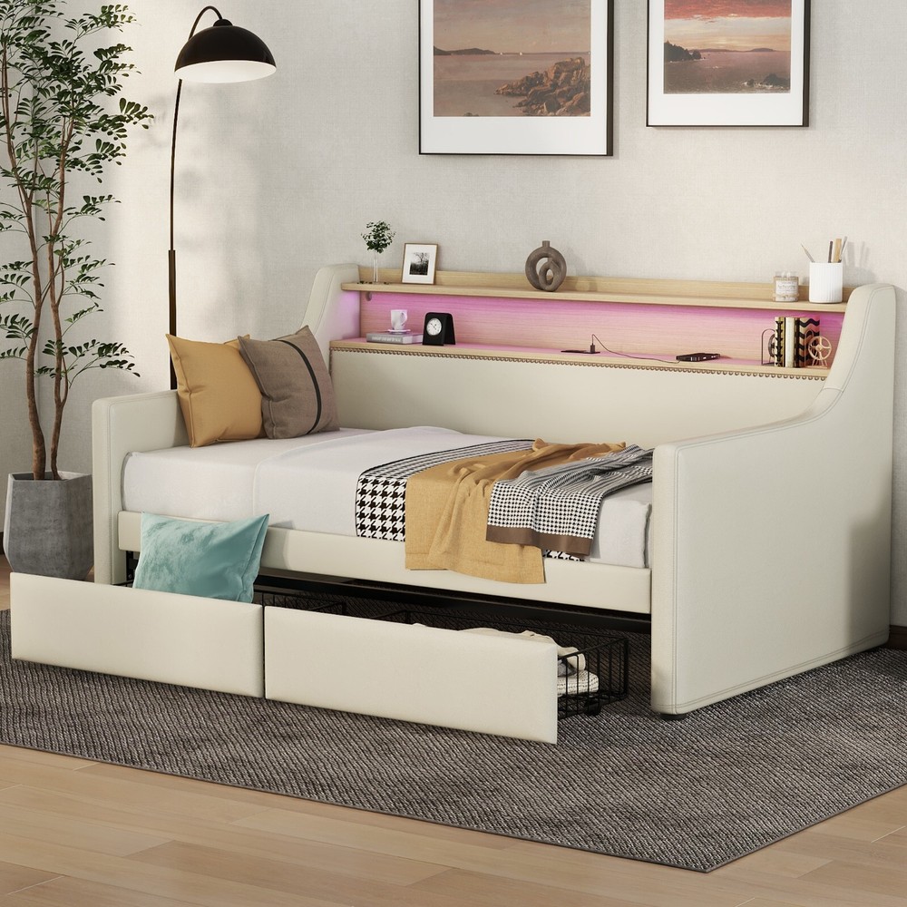 Twin Upholstered Daybed with Drawers, Charging Station & LED Lights in Beige