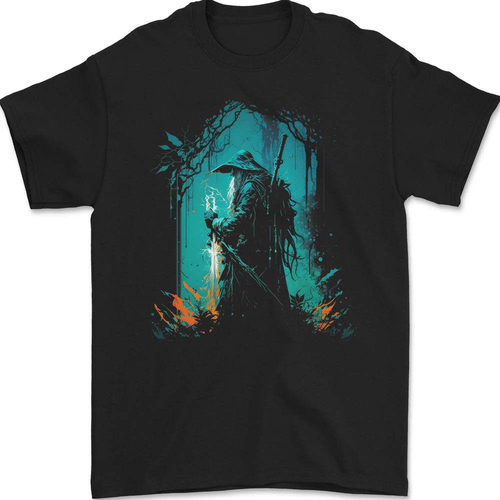 a Wizard in a Fantasy Forest Warlock Mens T-Shirt 100% Cotton