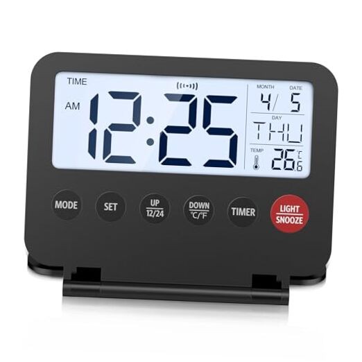 Digital Travel Alarm Clock with Large LCD Display & Date - Black