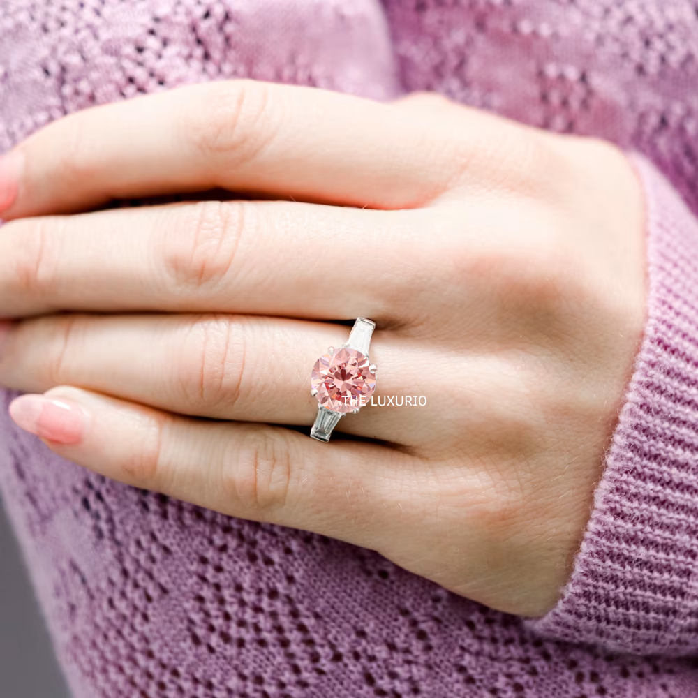 Round Cut Diamond Ring Fancy Intense Pink 14k White Gold IGI Lab Grown 1.40 Ct